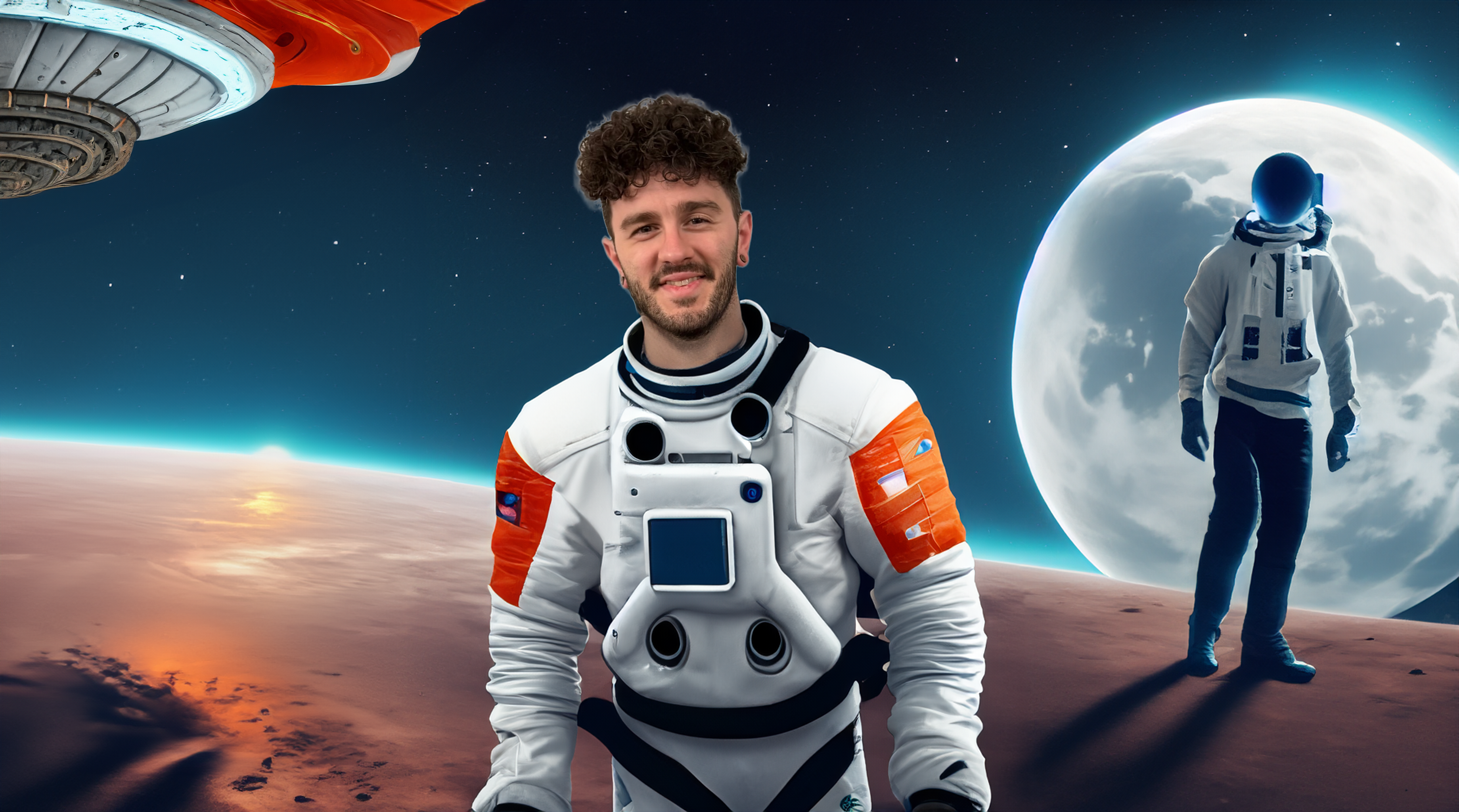 Trever in a space suit on a far away planet, smiling.